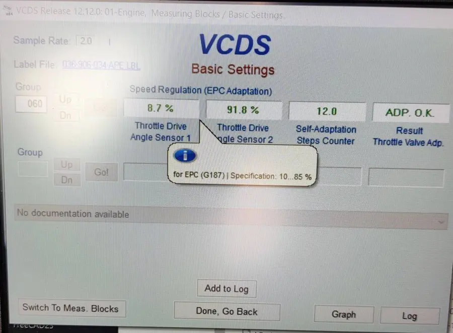 Ecran VCDS Basic Settings pe grupul 060 cu mesajul ADP OK care confirmă calibrarea reușită