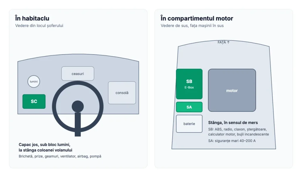 Schemă: unde sunt cutiile de siguranțe la VW Touran – în bord, stânga, și în compartimentul motor, stânga