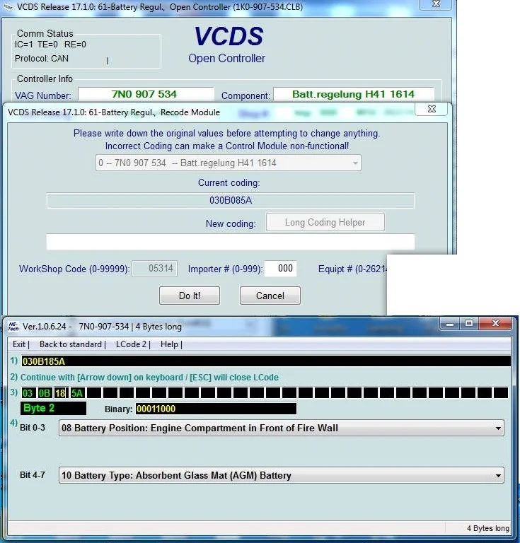 VCDS, adresa 61: tipul bateriei setat AGM în codare