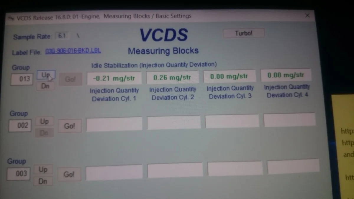 VCDS blocul 013: valori apropiate de zero pe toți cilindrii