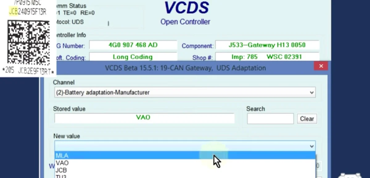 VCDS, Gateway 19 pe MQB: adaptarea producătorului bateriei